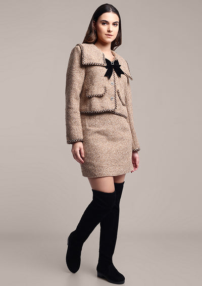 Light Brown Fitted Tweed Jacket With Mini Skirt