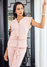 Denim Vest With lace Detailed Shoulder Statement Belt Set Co-ord Set With Pants