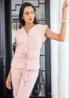 Denim Vest With lace Detailed Shoulder Statement Belt Set Co-ord Set With Pants