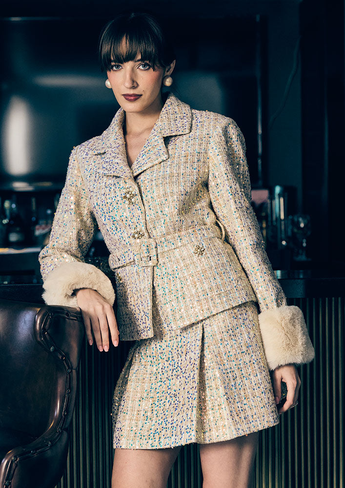 Beige Sequin Tweed Belted Blazer & Pleated Skirt Set