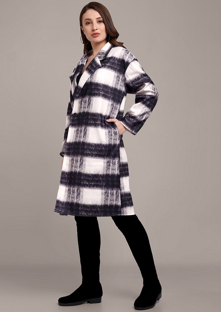 Black & White Checkered Wool Belted Coat