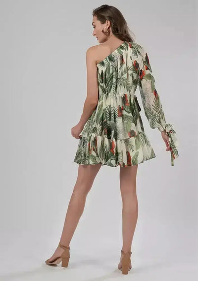 Langoor Safari Print One Shoulder Tie Waist Skater Dress