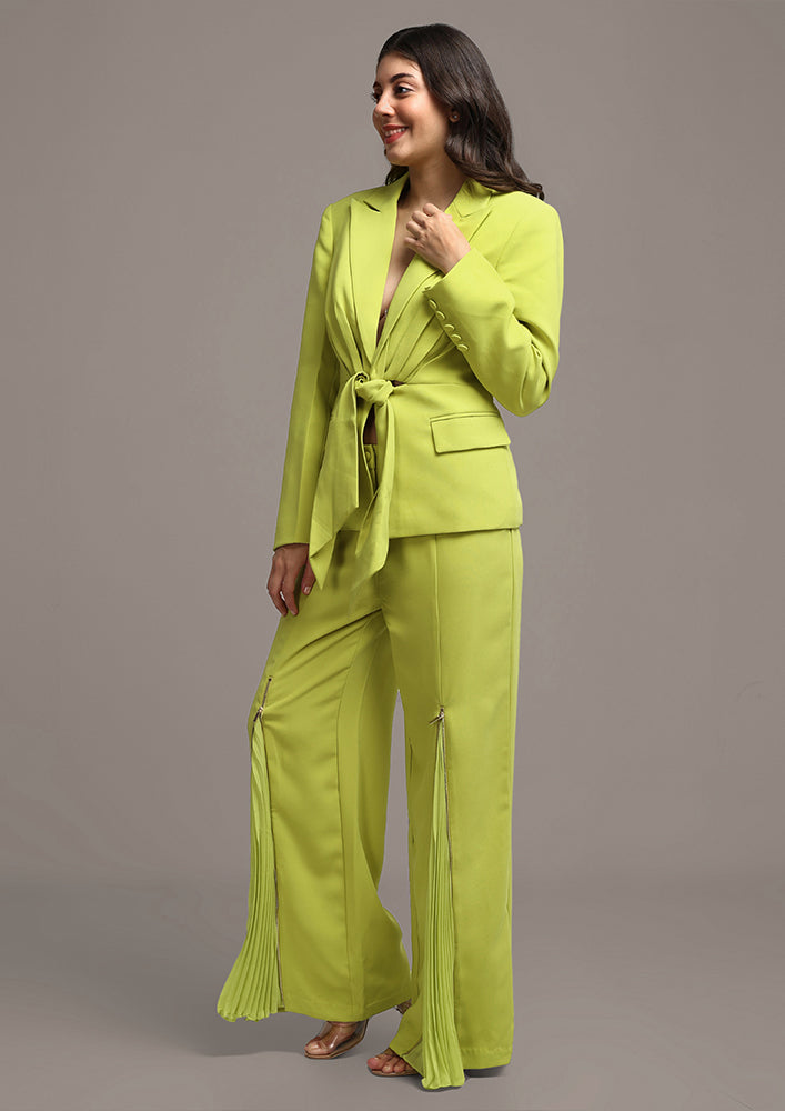 Women Green Shoulder Pad Front Tie Blazer And Flared Pant Sets