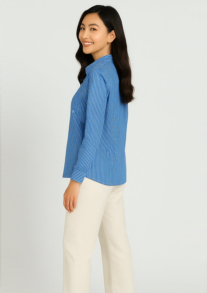 Blue Striped Shirt with Heart-Shaped Stone Work