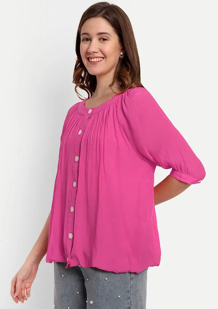 Pink Front Button-Up Shirt With Gather Detailing At Neck And Sleeves IKI CHIC Private Ltd