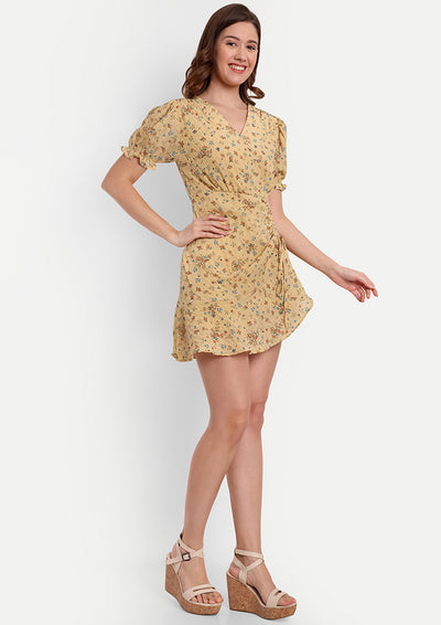 Yellow Floral Printed Flared Dress With Ruched Detailing
