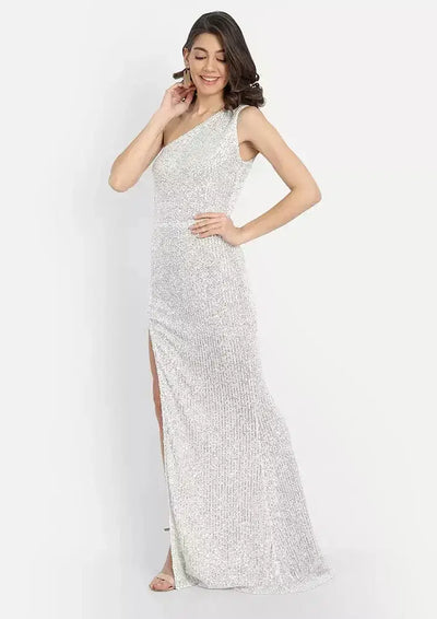 Silver Premium One Shoulder Sequin Gown IKI CHIC Private Ltd.