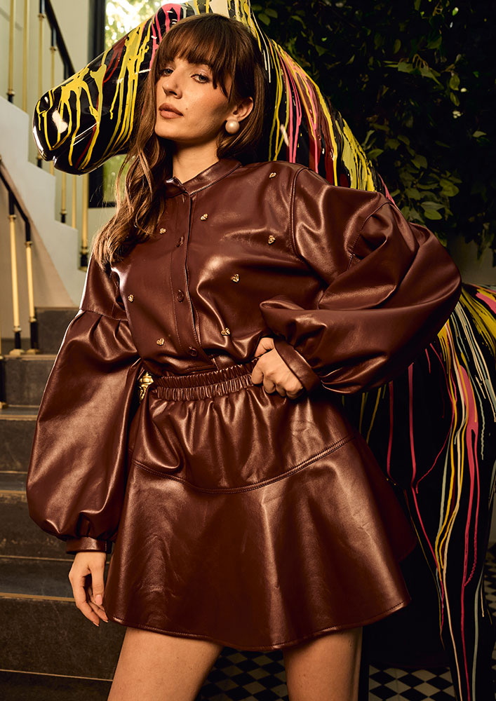 Burgundy Embellished Detailed Bubble Hem Leather Jacket