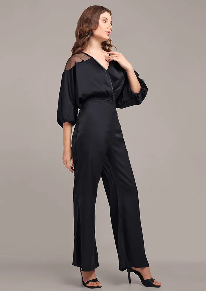 Black V-Neck Wide-Leg Jumpsuit IKI CHIC Private Ltd