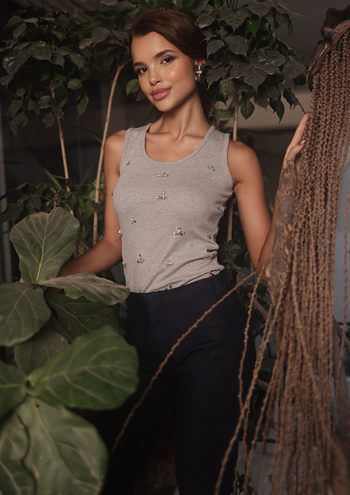 Grey Melange Swarovski Ganji Top IKI CHIC Private Ltd.