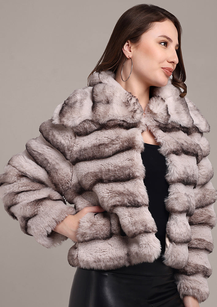 Grey Chinchilla Design Faux Fur  Jacket IKI CHIC Private Ltd.