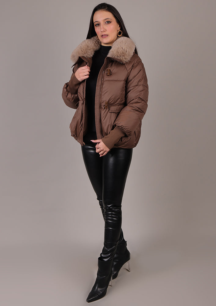 Brown Puffer Jacket With Detachable Fur Collar IKI CHIC Private Ltd.
