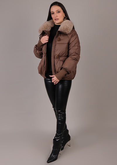 Brown Puffer Jacket With Detachable Fur Collar