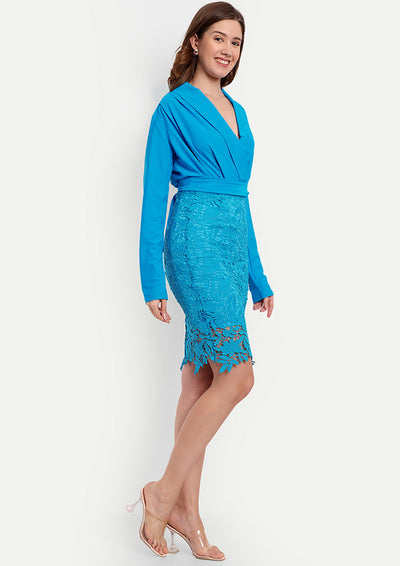 Blue Pleated V-Neck Blouse With Laced Midi Skirt