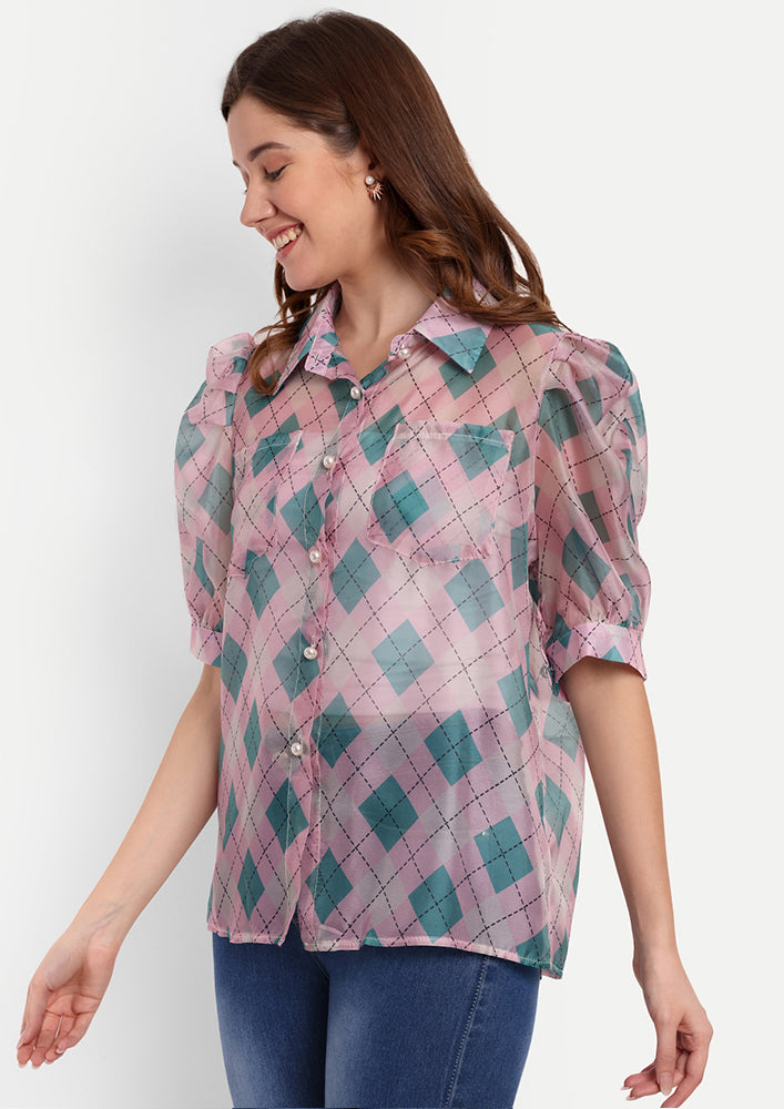 Pink Printed Collared Shirt With Pearl Front Button Up And Puff Sleeves