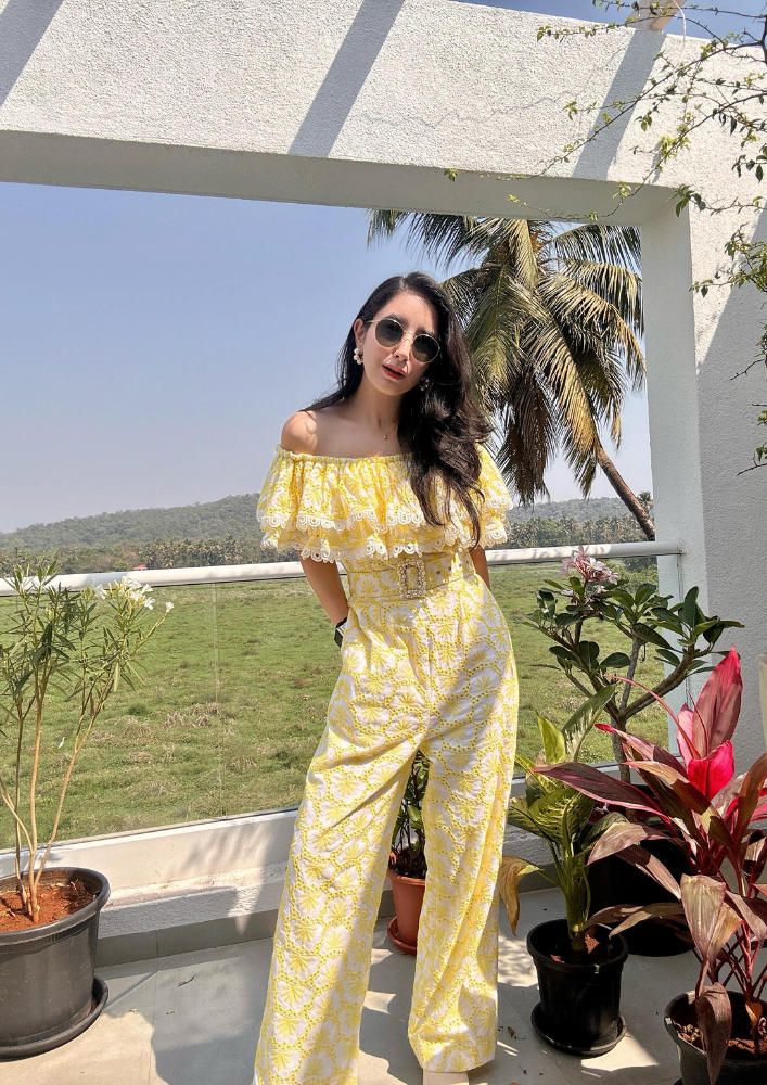 Yellow Off-Shoulder embroidered schiffli jumpsuit with buckle belt