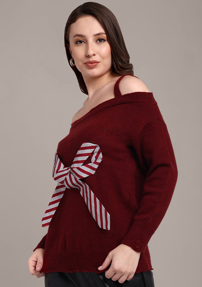 Maroon Knitted Sweater with Bow and Raw Hems