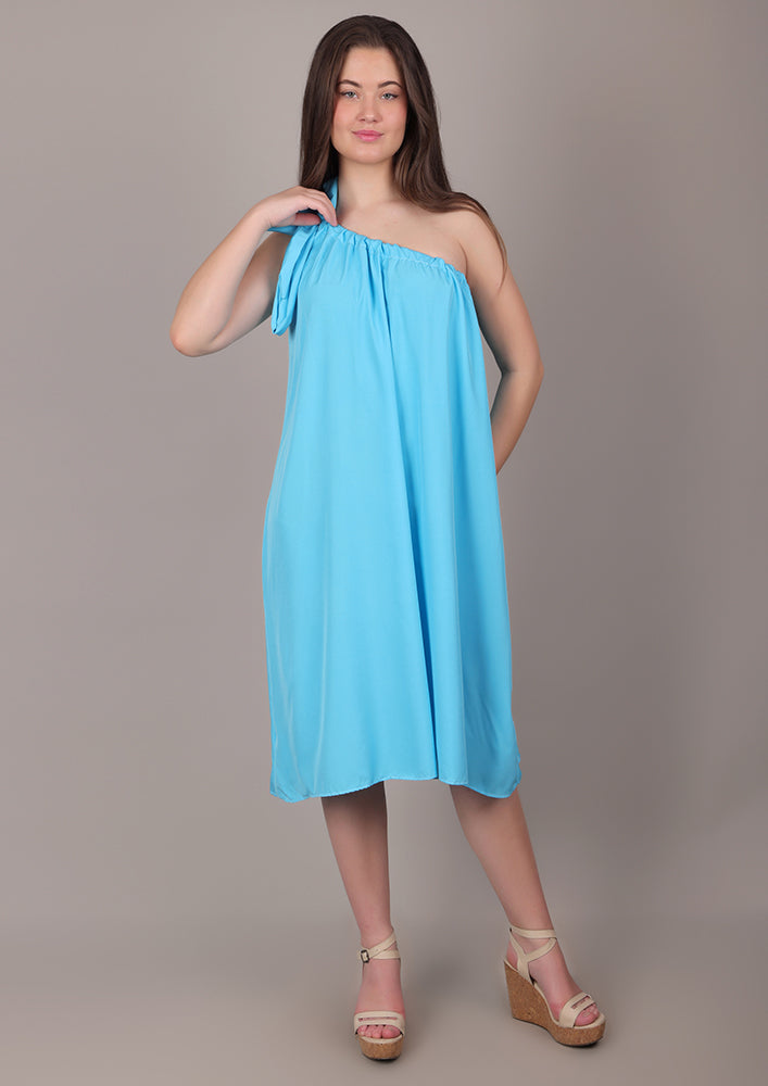 Sky Blue One-Shoulder Tie-Up Midi Dress