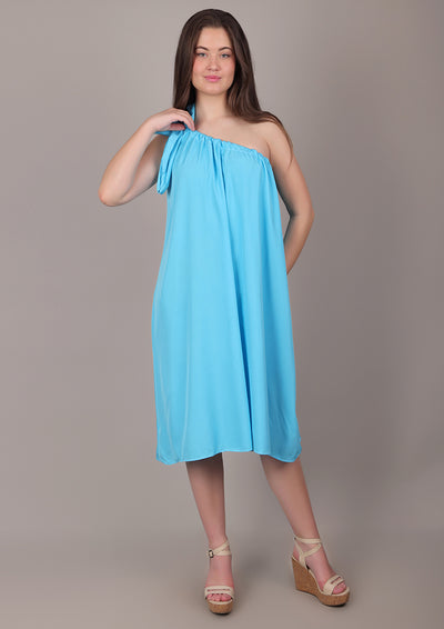 Sky Blue One-Shoulder Tie-Up Midi Dress