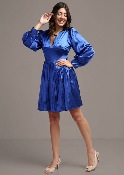 Blue Solid Puff Sleeve Pleated Midi Dress