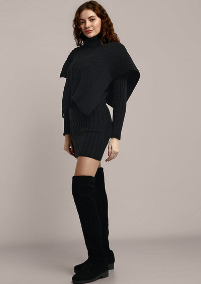 Black Knitted Bodycon  Mini Dress With Turtle Neck Cape