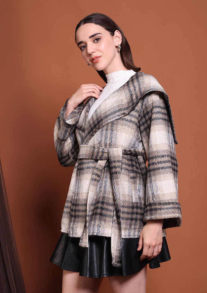 Beige & Brown Check Print Jacket