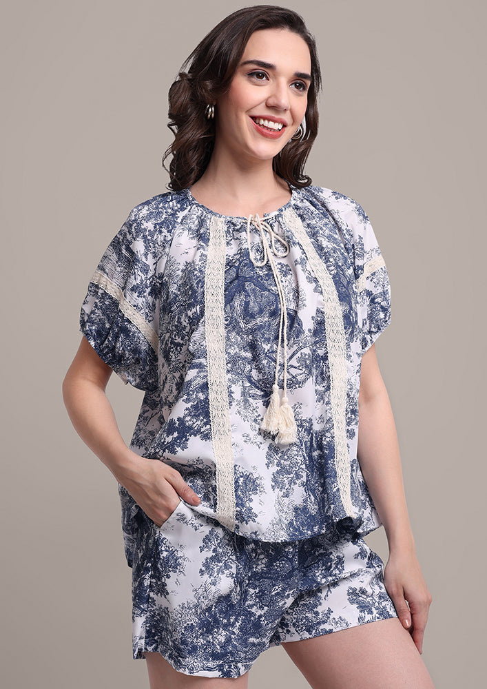 Blue Tree print lace Co-ord Set IKI CHIC Private Ltd.