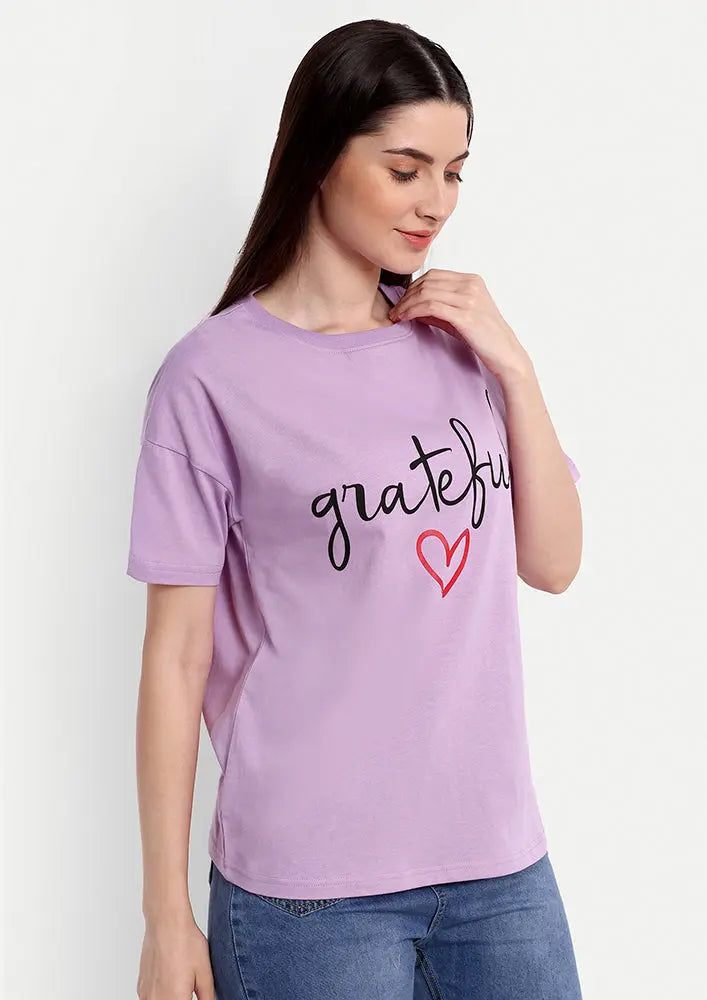 Lavender Grateful Print Short Sleeve T-Shirt IKI CHIC Private Ltd