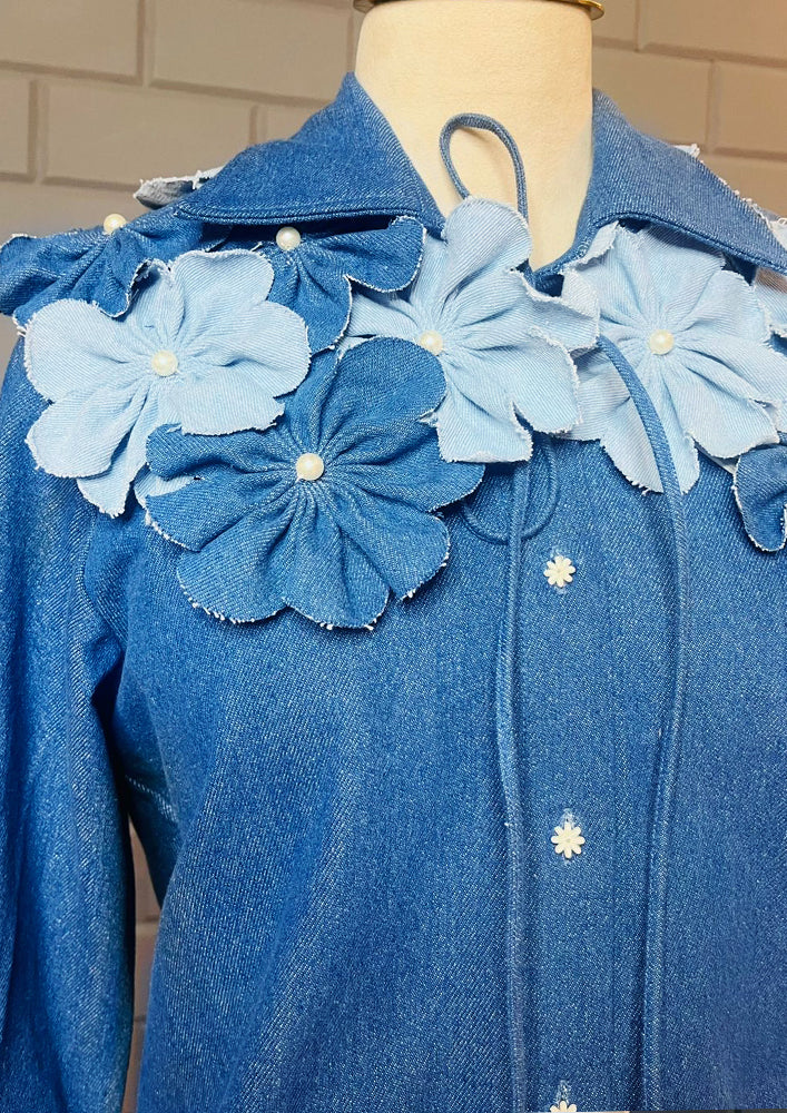 Dark Blue Denim Shirt With 3D Flower Collar