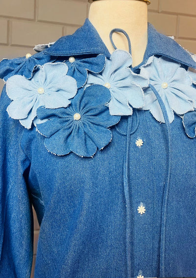 Dark Blue Denim Shirt With 3D Flower Collar