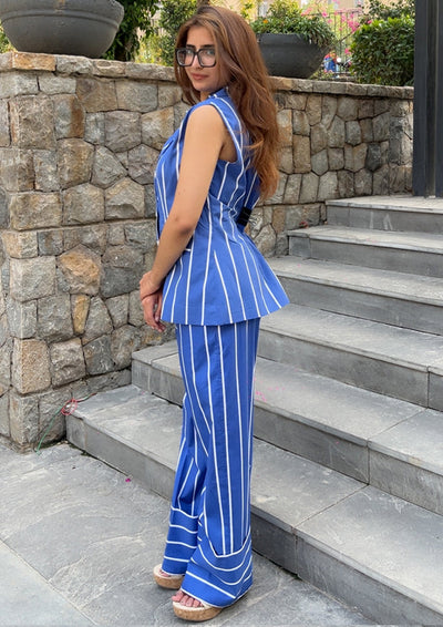 Blue Striped Sleeveless Collared Co-ord Set IKI CHIC Private Ltd.