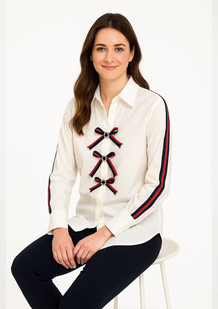 White Poplin Shirt with Lace Detailing & Front Bow Design