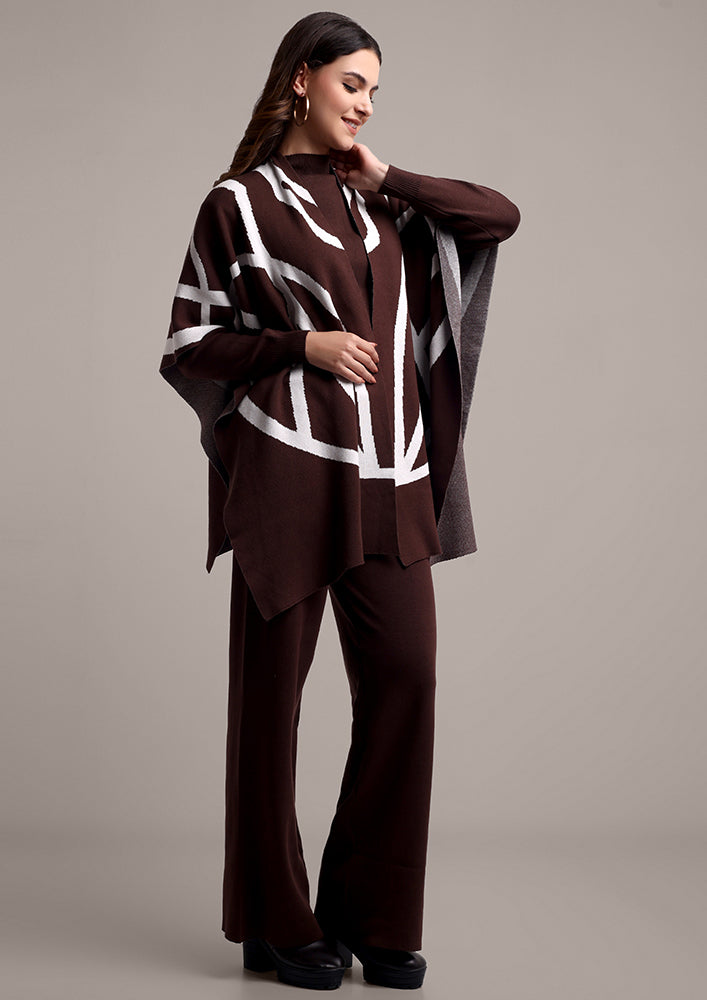 Dark Brown Long Sleeve Top With Kaftan Shrug And Pants Set