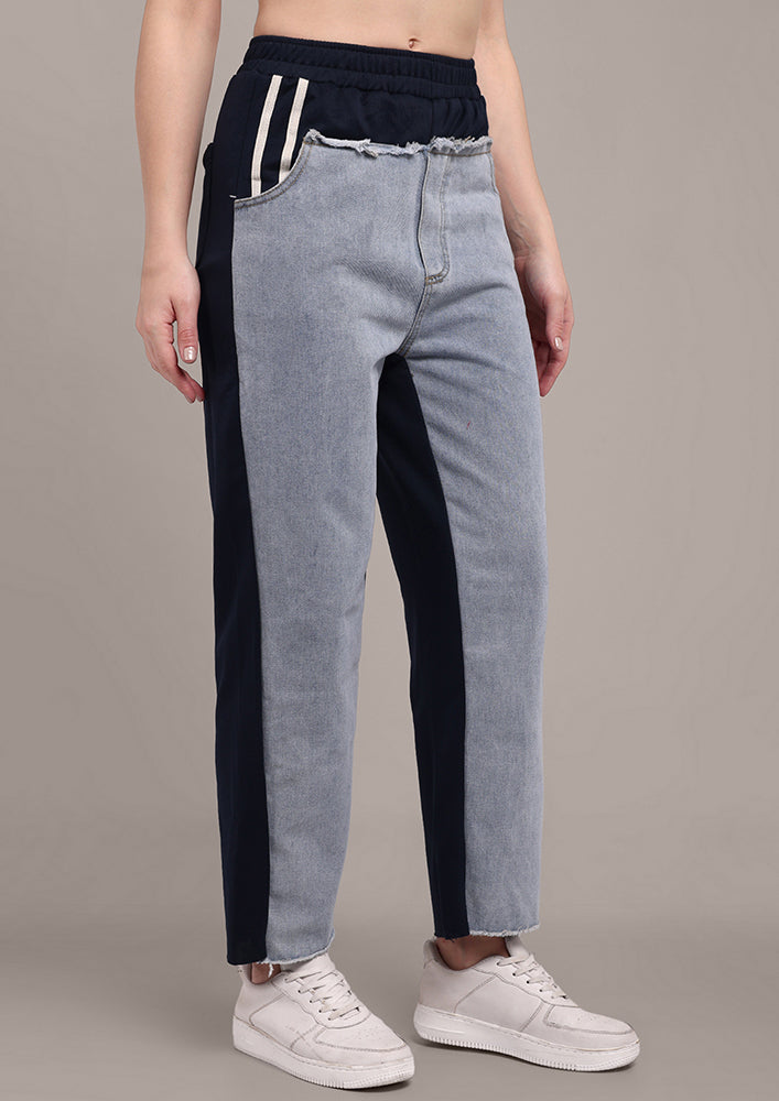 Navy Blue Trousers with Denim Front layer IKI CHIC Private Ltd.