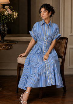 Blue Stripe Chain-Trim Shirt & Tiered Maxi Skirt Set