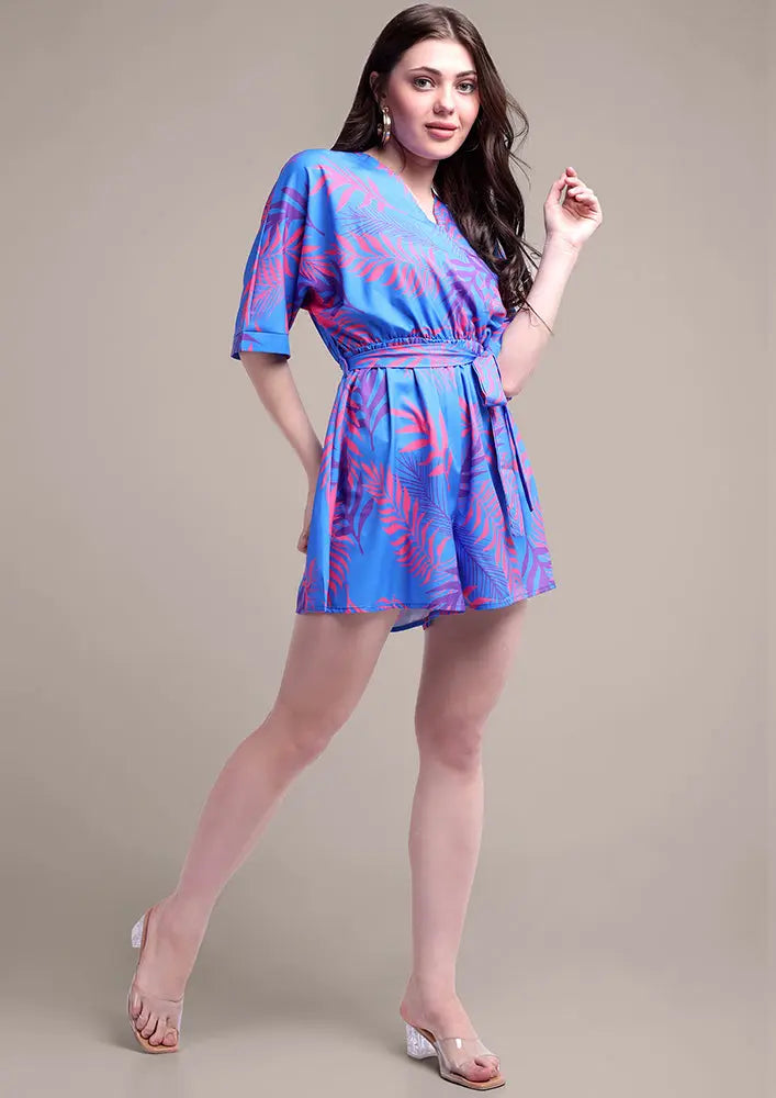 Blue Print V Neck Romper With Tie Up-Belt IKI CHIC Private Ltd