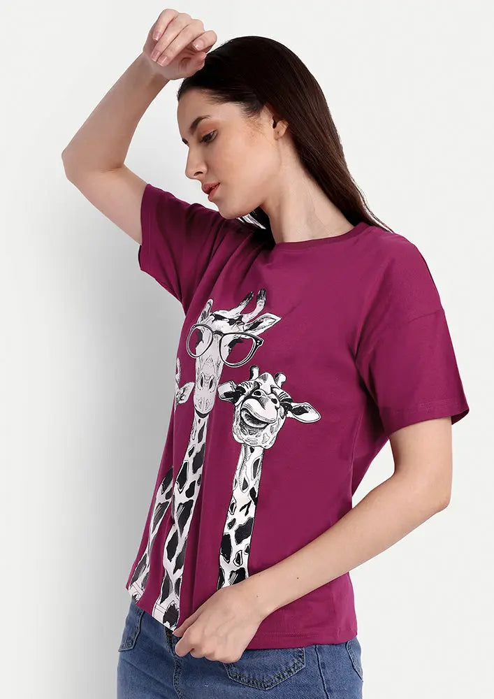 Viva Magenta Giraffe Print Short Sleeve Regular T-Shirt IKI CHIC Private Ltd