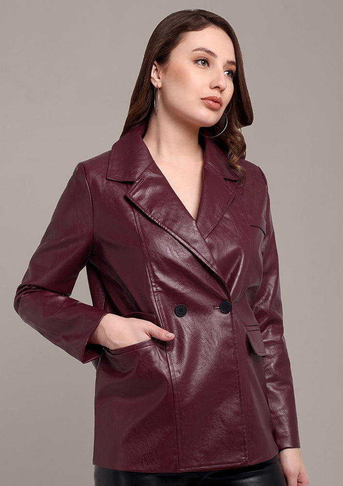 Burgundy Leather Jacket with Notch Collar Style IKI CHIC Private Ltd.