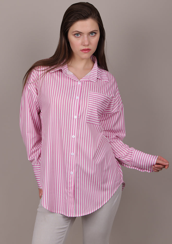 Pink striped shirt with a horizontal-striped pocket IKI CHIC Private Ltd.