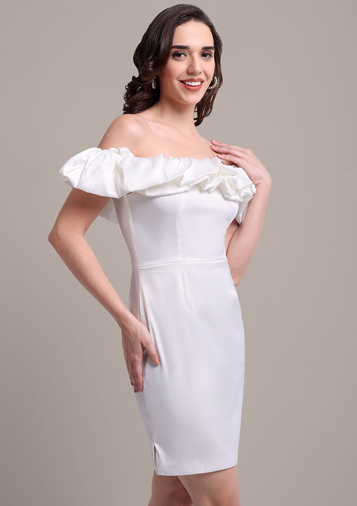White Ruffle Off-Shoulder Mini Dress IKI CHIC Private Ltd.