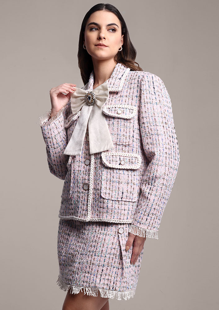 Pink Tweed Jacket with Swarovski Bow & Skirt Set