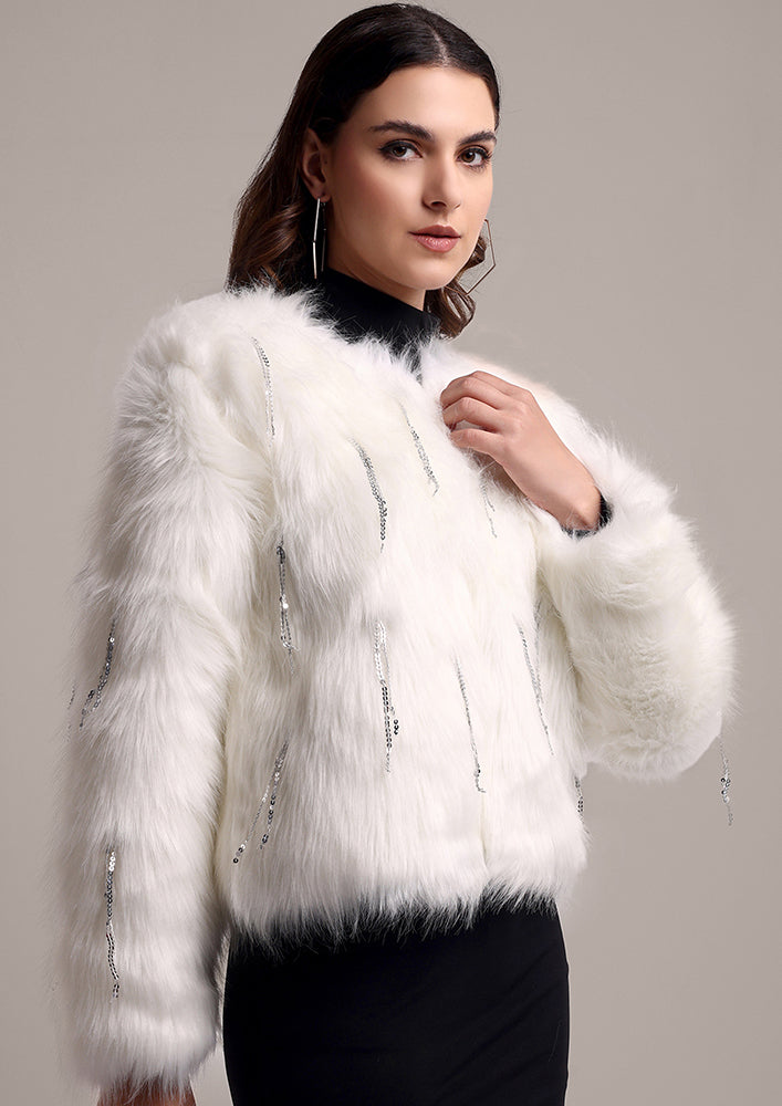 White Fur Jacket with Metallic Fringes