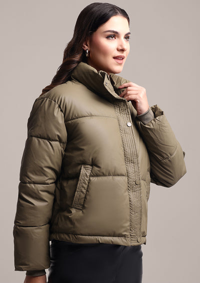 Olive Green Stand Collar Puffer Jacket