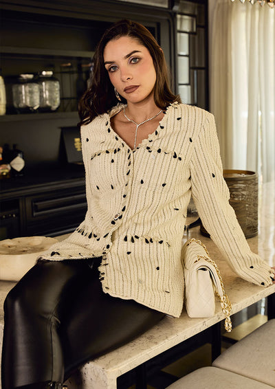 Off White Woollen Sequence Embellished Blazer