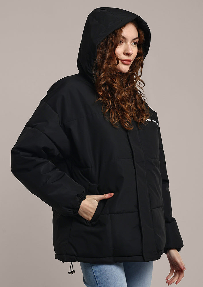 Black Printed Hooded Puffer Jacket