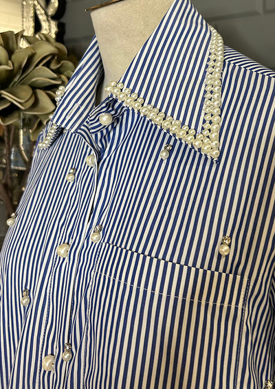 Blue Striped Shirt with Pearl Embellished Collar & Buttons