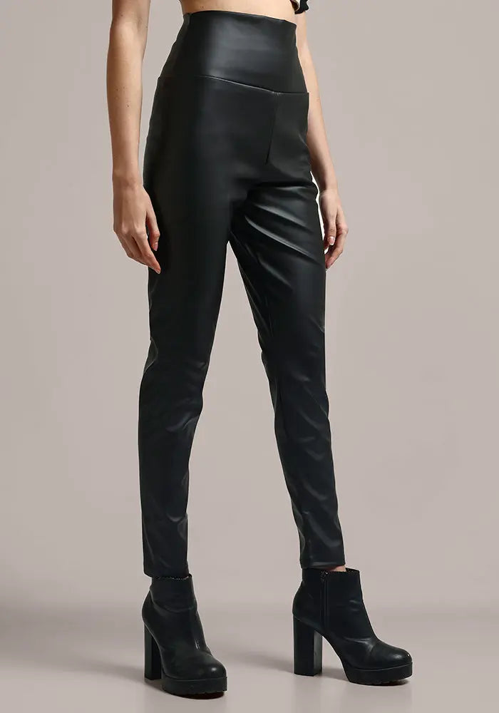 Black Faux Leather High Waisted Leggings IKI CHIC Private Ltd
