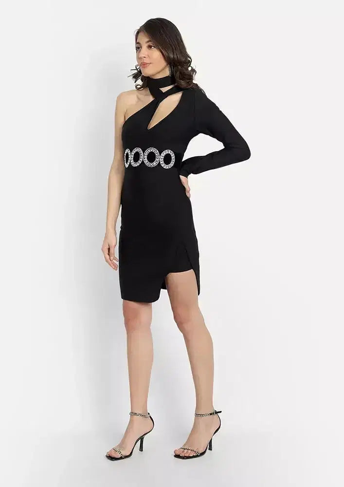 Black One Shoulder Choker Neck Studded Belt Mini Dress IKI CHIC Private Ltd.