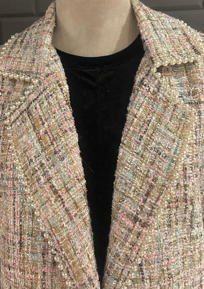 Green & Pink Pearl-Embellished Blazer with fur detailing on the cuffs.