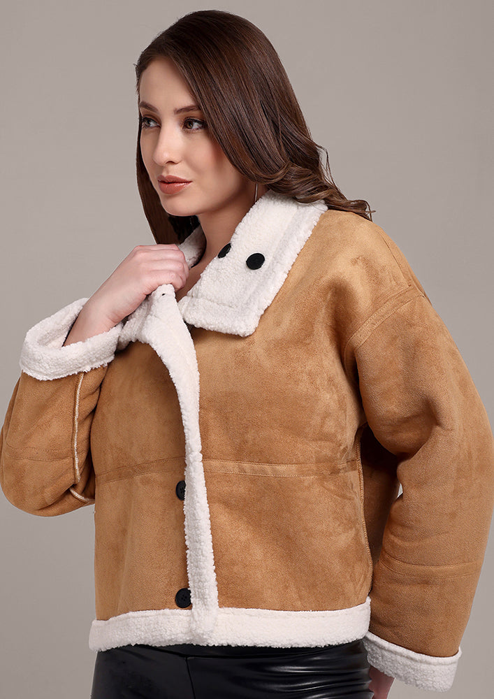 Beige Suede Jacket with Wool Detailing IKI CHIC Private Ltd.